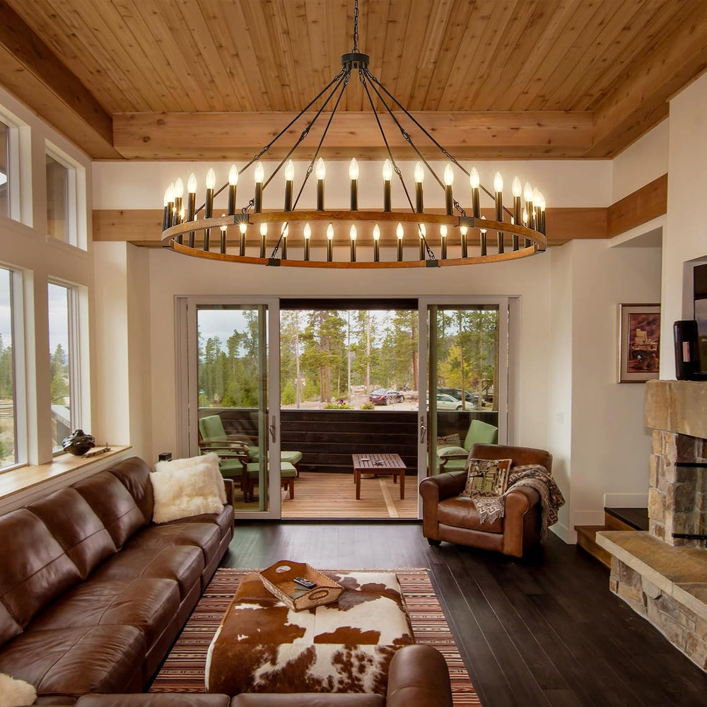 60-Inch Wagon Wheel Chandelier 42-Light Wood Rustic Farmhouse Light Fixture