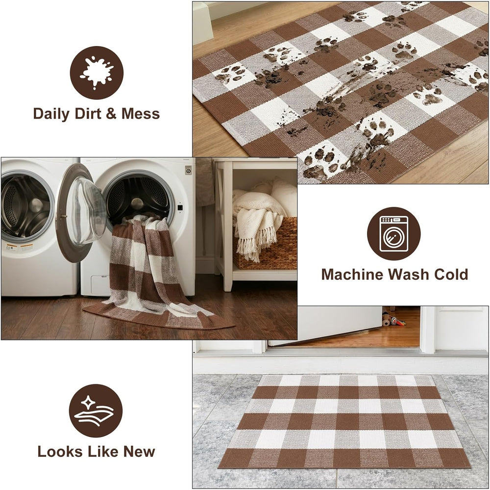 Fall Front Door Mat 3'x5' Buffalo Plaid Checkered Outdoor Rug Brown