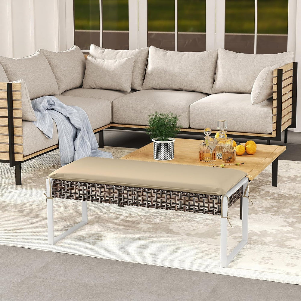 RELAX4LIFE Wicker Outdoor Ottoman Footstool - Rattan Patio Foot Rest for 2 w/...