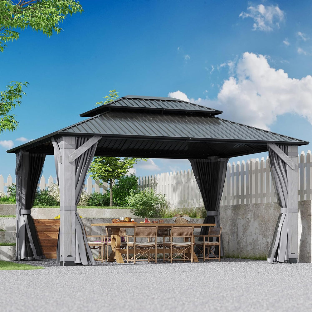 12'x16' Hardtop Wood Gazebo, Outdoor Double Roof Galvanized Steel Top...