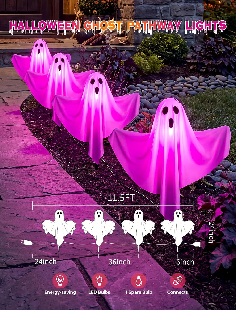 11.5Ft Halloween Light up Outdoor Ghost Pathway Lights, 4PK Purple Lights