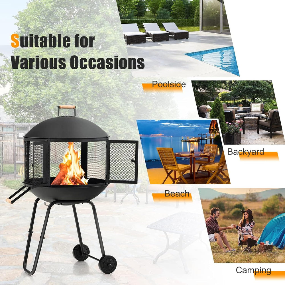 HAPPYGRILL 28” Outdoor Fire Pit with Lockable Doors, Fire Poker & Wheels