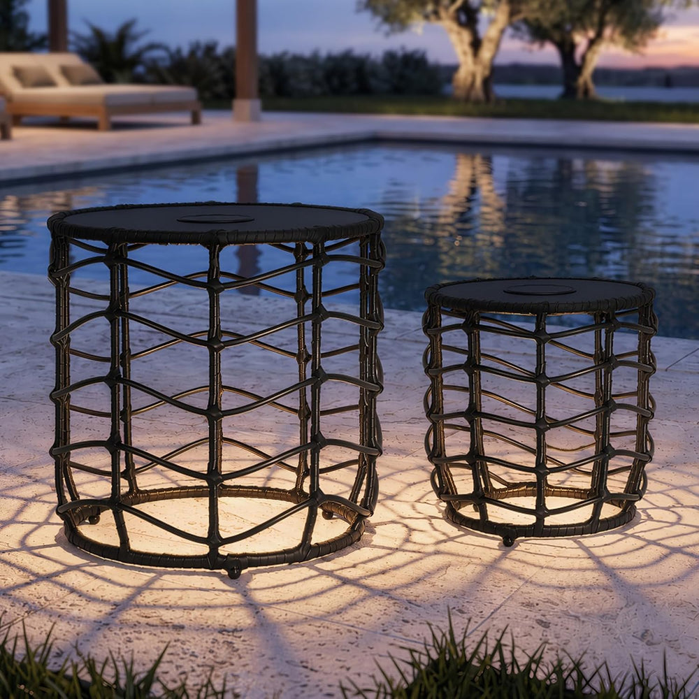 PARTPHONER Boho Solar Outdoor Side Table with Built-in Lights Set of 2, All-W...
