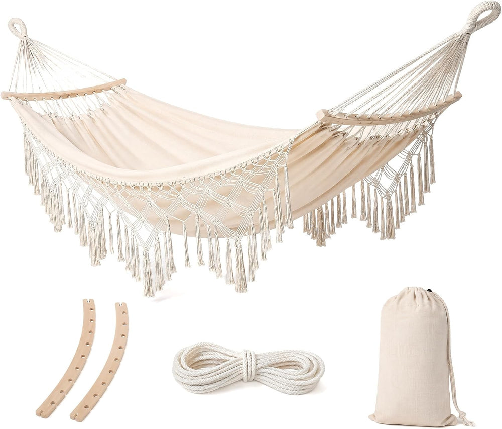 Bohemian Hammock Chair Swing with Crescent Wooden Bar (White)