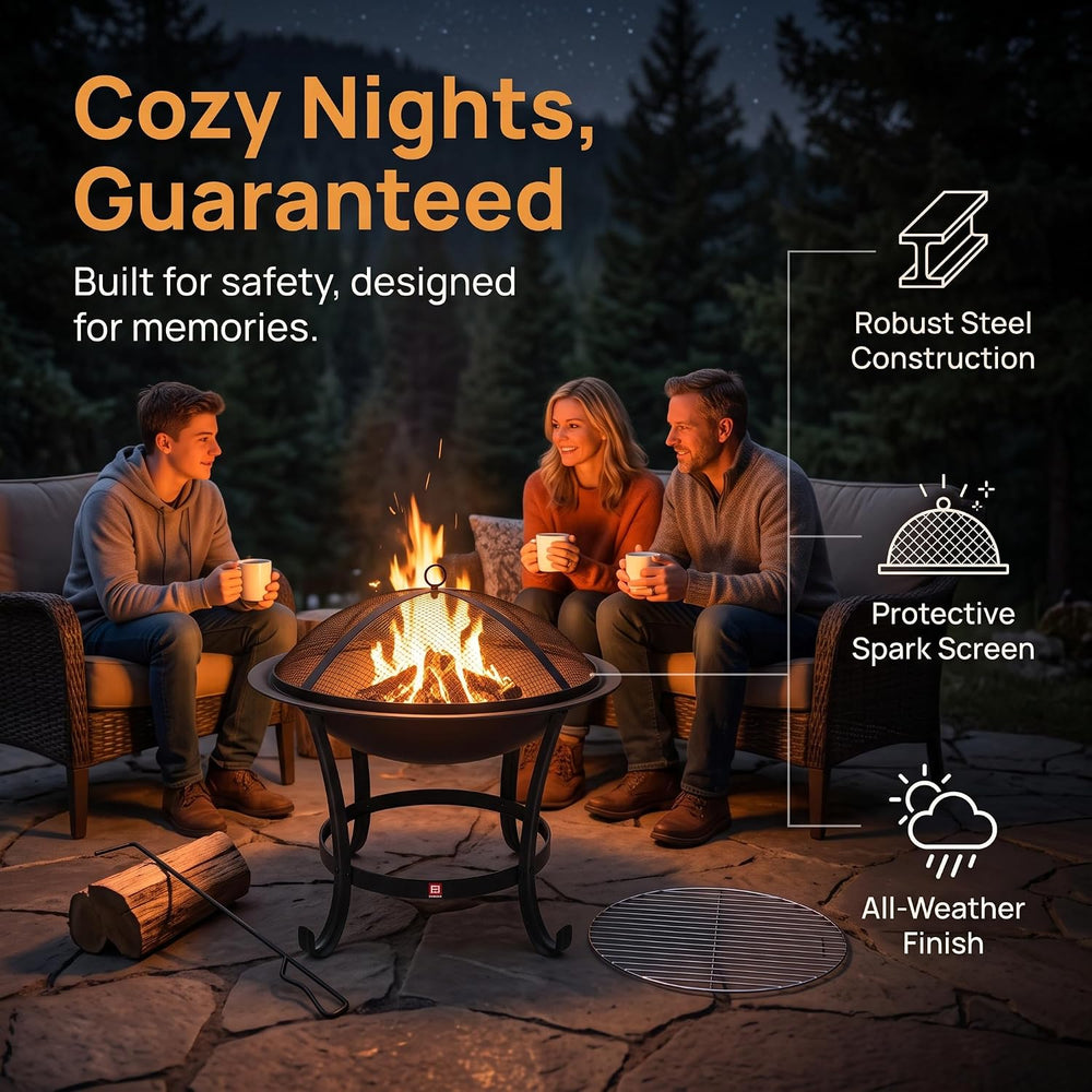 Fire Beauty 22" Wood Burning Fire Pit with 2-in-1 BBQ Grill & Spark ...