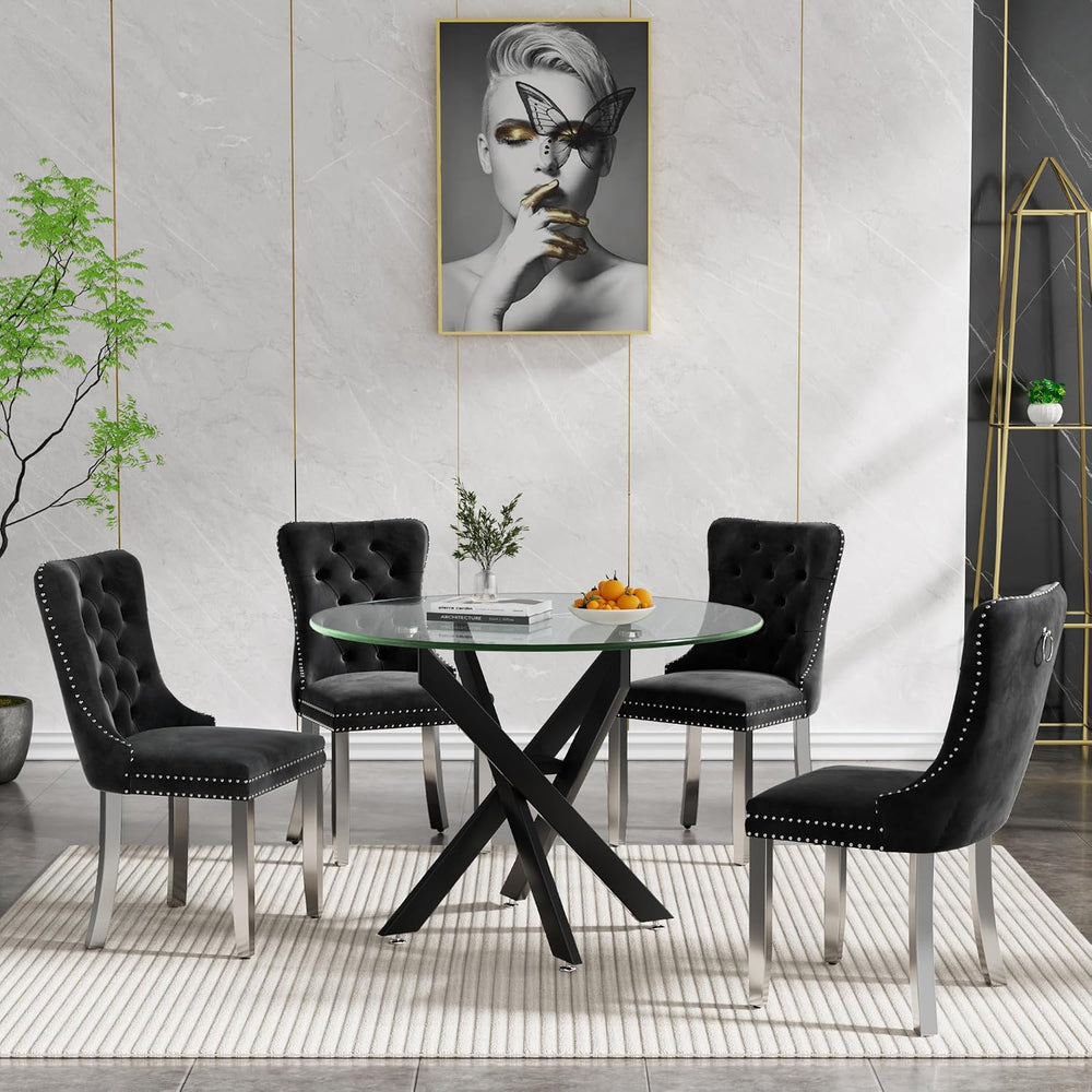 Henf 5 Piece Round Glass Dining Table Set, Modern Black Kitchen Dining Room T...