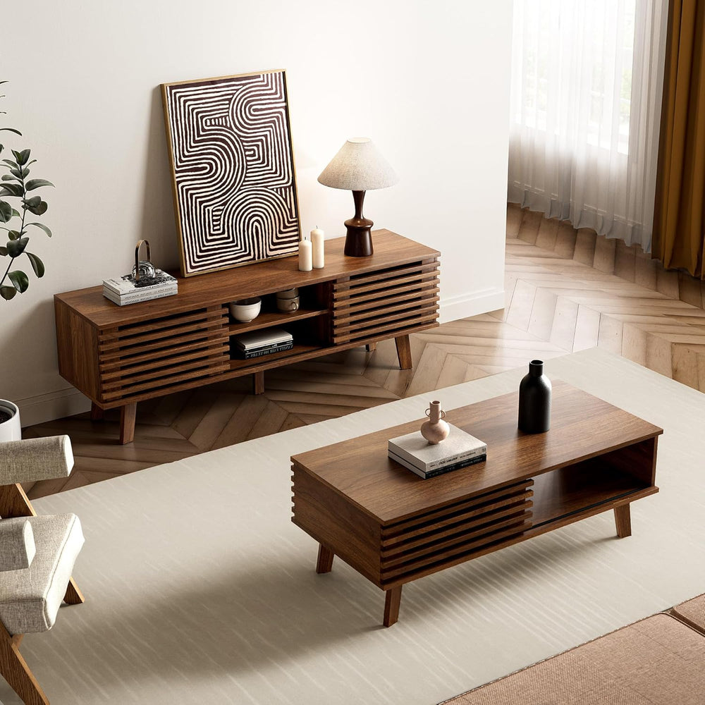 Mid Century Modern Coffee Table, Wood Coffee Table with Storage, Walnut