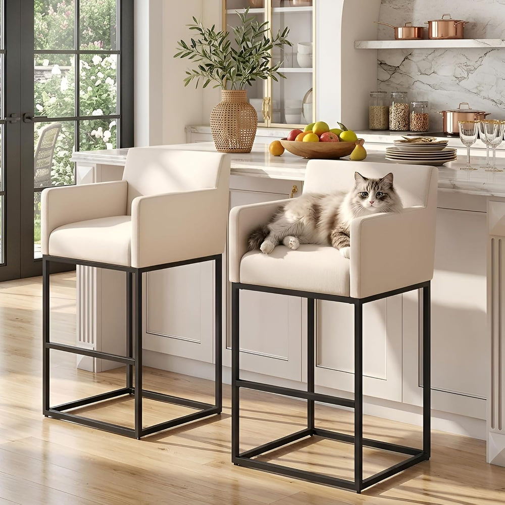 HNY Modern Counter Height Bar Stools Set of 2, 26 Inch Cream Linen Barstool