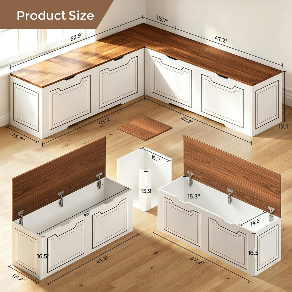 L Shaped Corner Bench with Storage, Breakfast Nook Bench, 63" L-Shaped K...