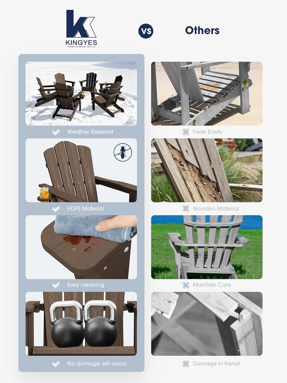 KINGYES Folding Adirondack Chair Set of 6 with Cup Holder, Coffee