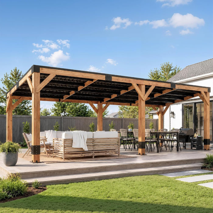 AMERLIFE 10x20FT Spruce Wood Hardtop Grill Gazebo with Sloped Roof