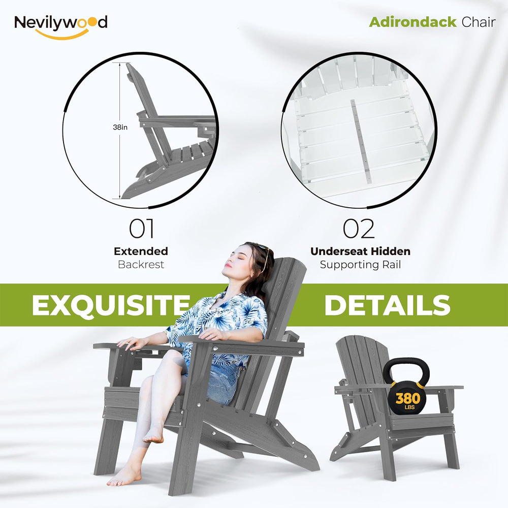 nevilywood Folding Adirondack Chair, HDPE Ergonomic Cup Holder, Gray