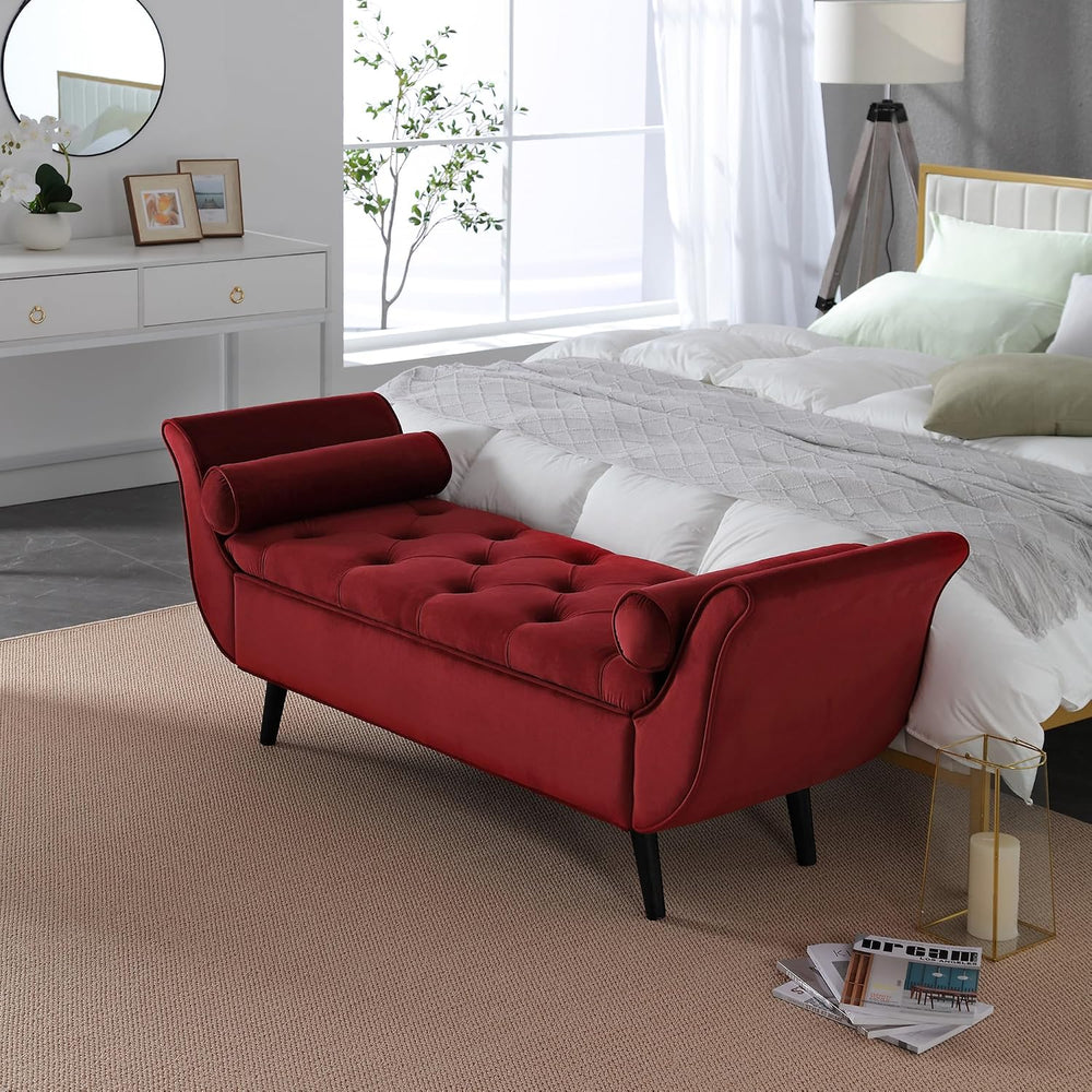 65" Velvet Storage Bench, 65" Vintage Upholstered Rolled Armed Butt...
