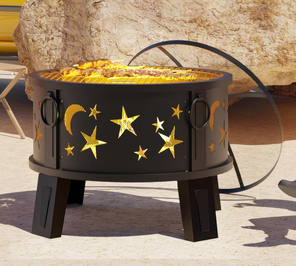 Kingson 26" Outdoor Fire Pit with Grill & Mesh Cover, Wood Burning S...