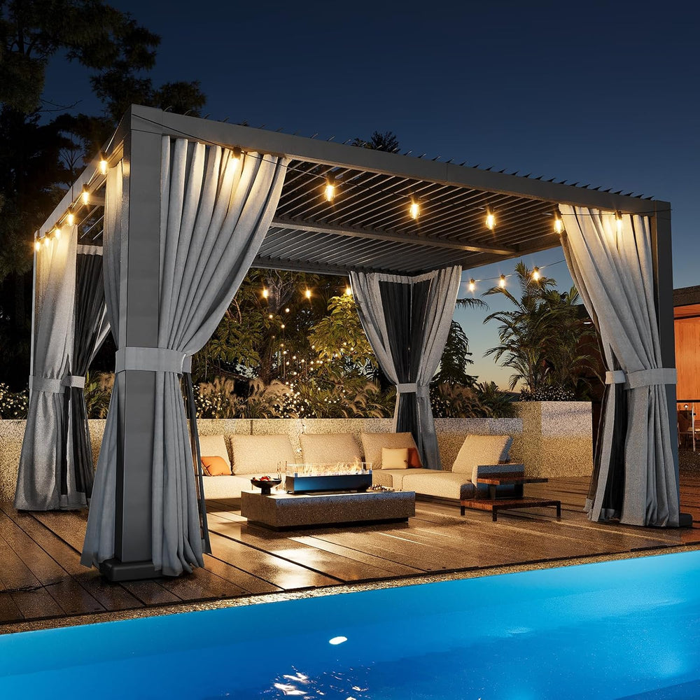 Aoxun Patio Louvered Pergola 10x12 All-Aluminum, Curtains and Netting