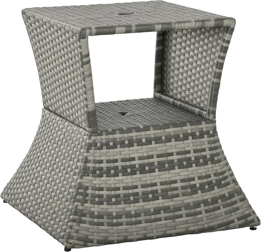 Outsunny Outdoor Side Table with Umbrella Hole 2 Tier Wicker Mixed Gray
