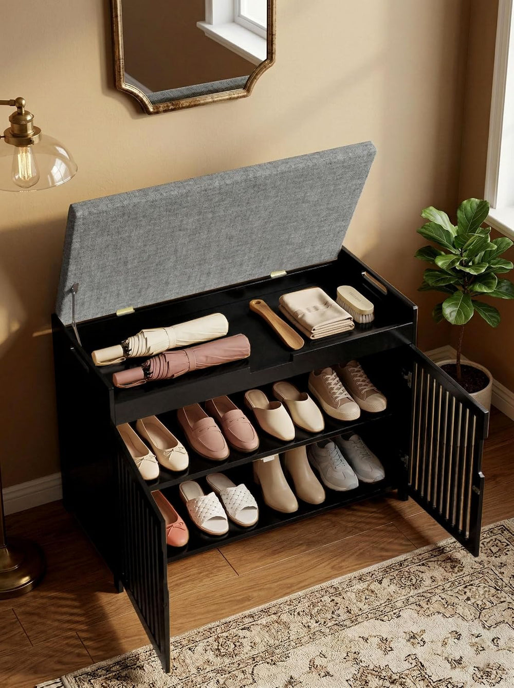 Shoe Storage Bench with Cushion, 2-Tier Bamboo Shoe Rack for Entryway