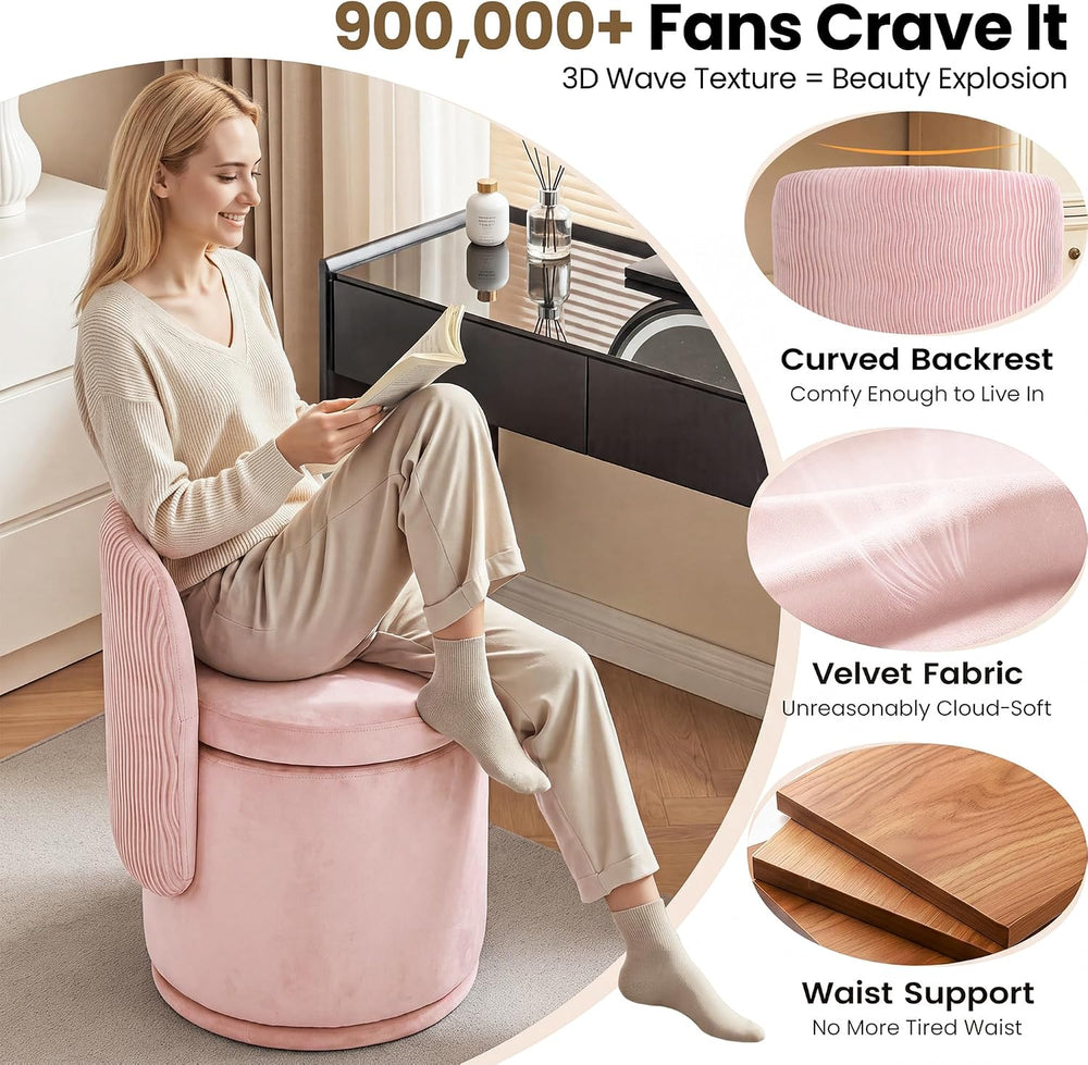 MALOL 360° Swivel Velvet Vanity Chair with Storage, Pink