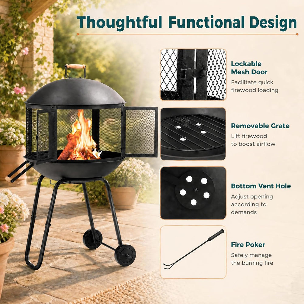 HAPPYGRILL 28” Outdoor Fire Pit with Lockable Doors, Fire Poker & Wheels