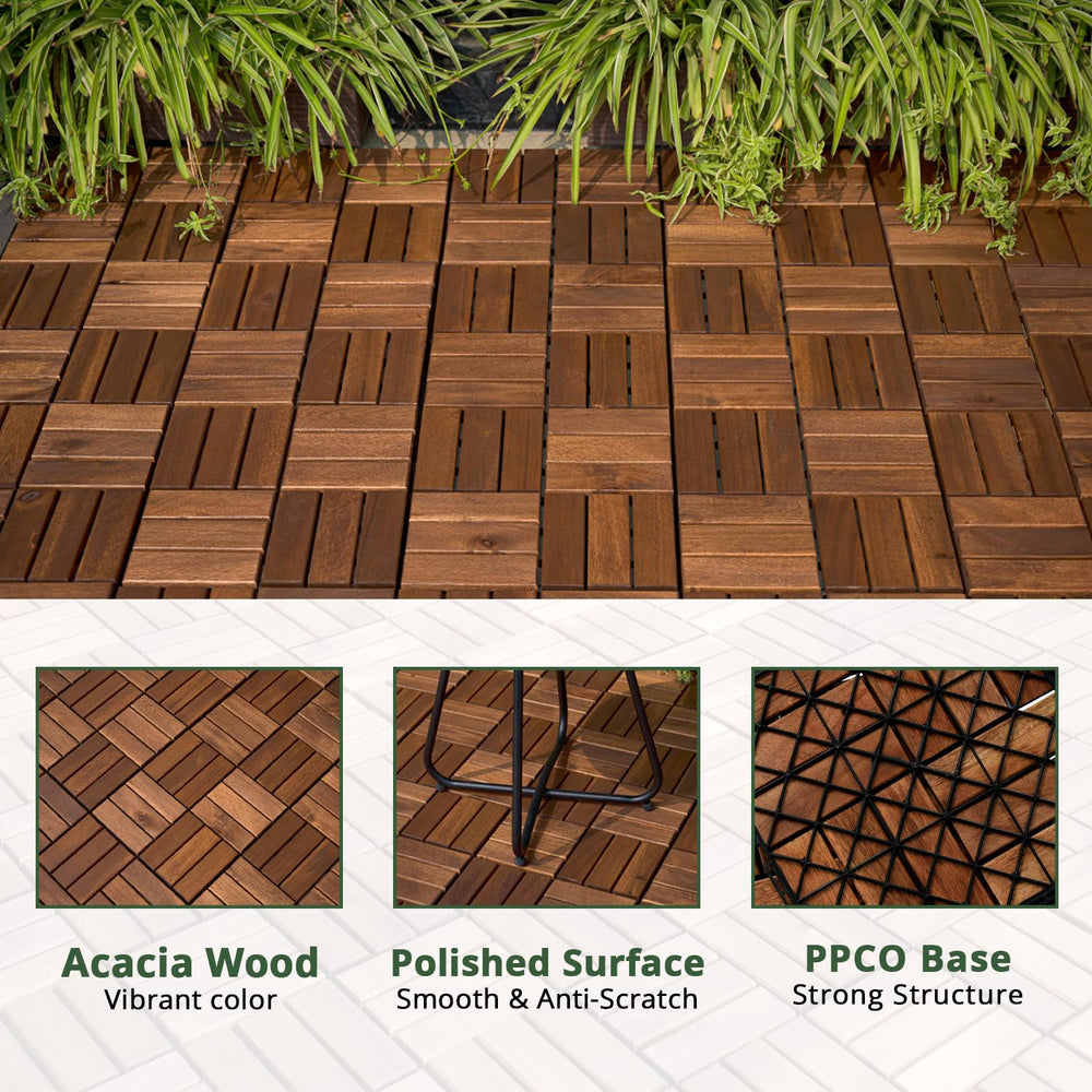 BEEFURNI Interlocking Acacia Wood Deck Tiles 12x12, 20PCS, Brown