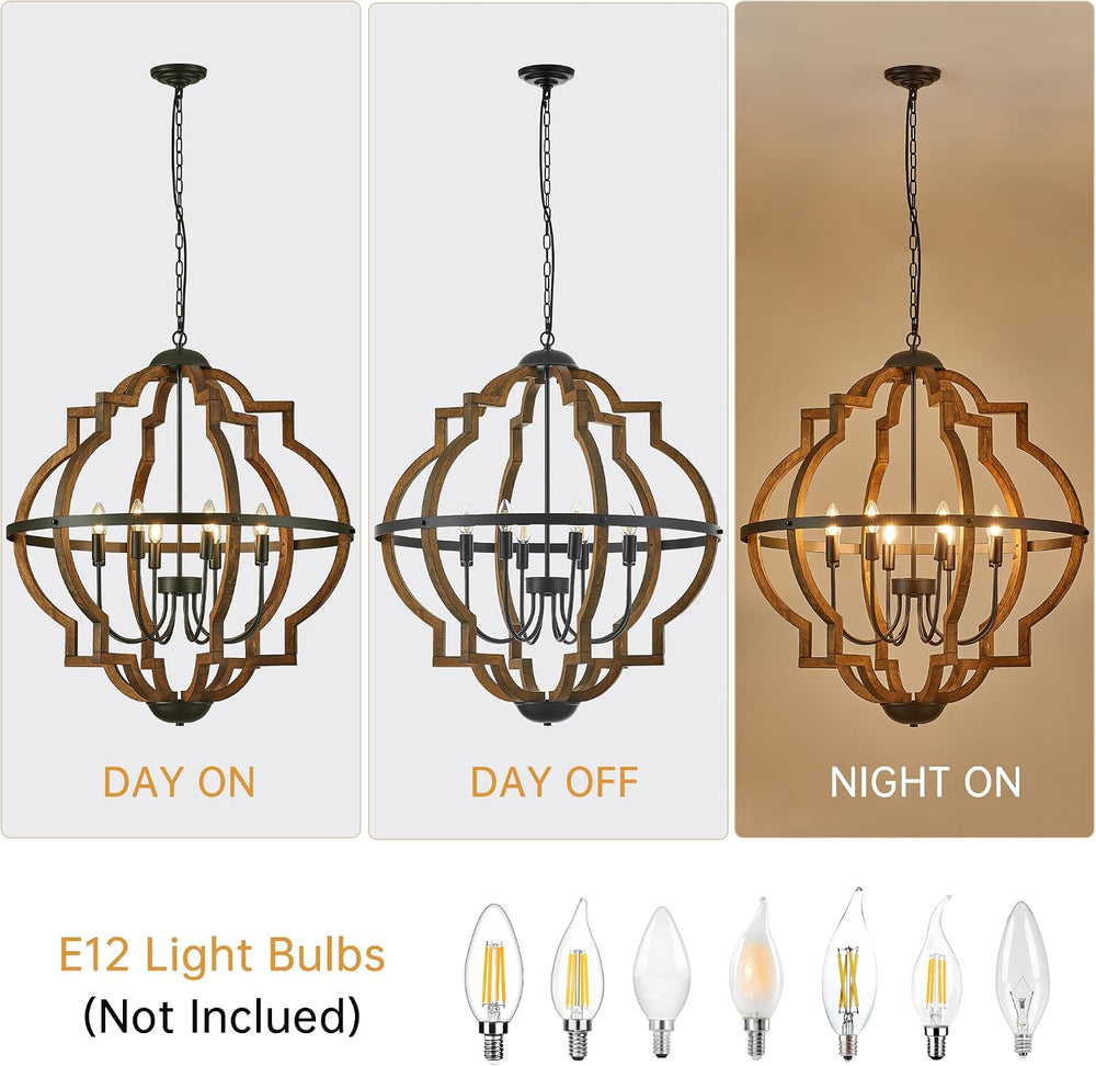 31.96" 8 Light Brown Oak Wood Drum Pendant Light for Dining Room