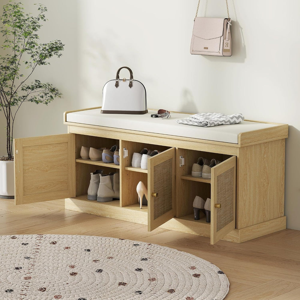 HOMCOM Shoe Bench Storage Rattan Doors 13.8 x 41.3 x 18.5 Inches Oak Tone