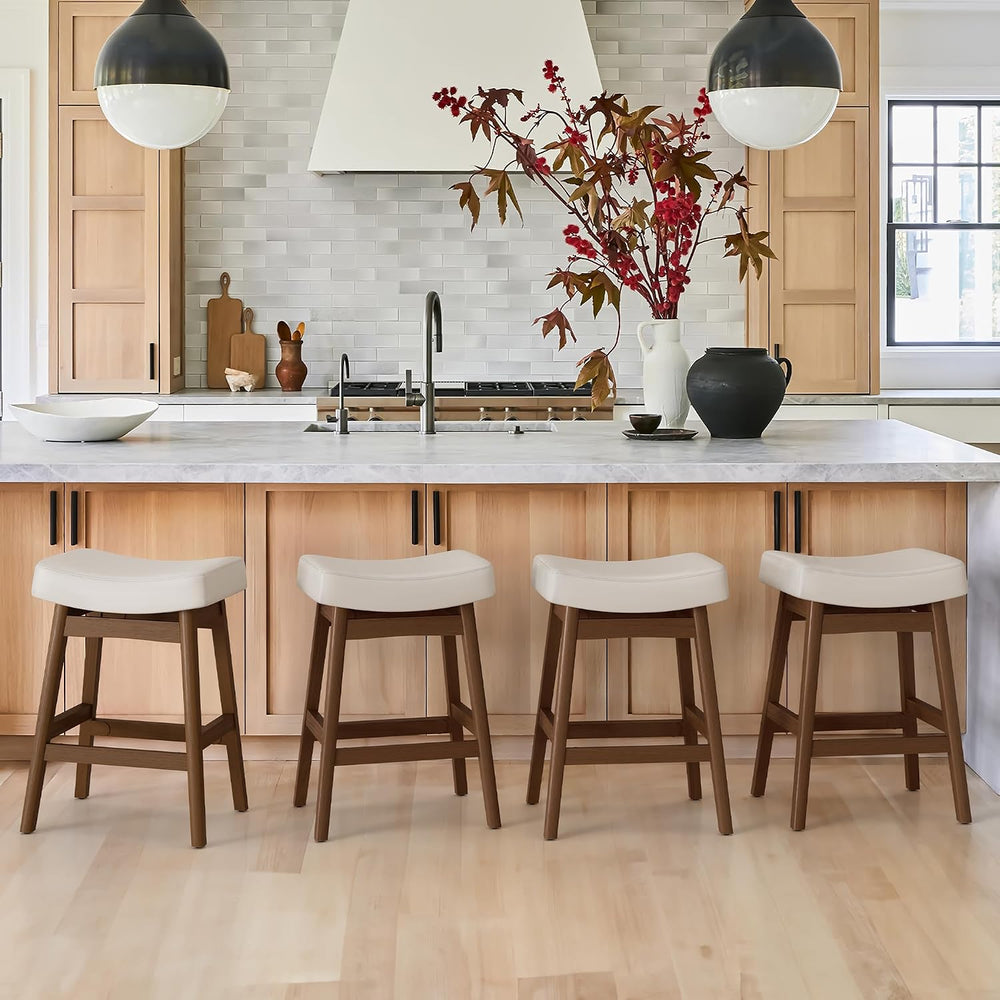 Cozyman Bar Stools Set of 3, Barstools with Sturdy Wood Legs, Saddle Seat Cou...