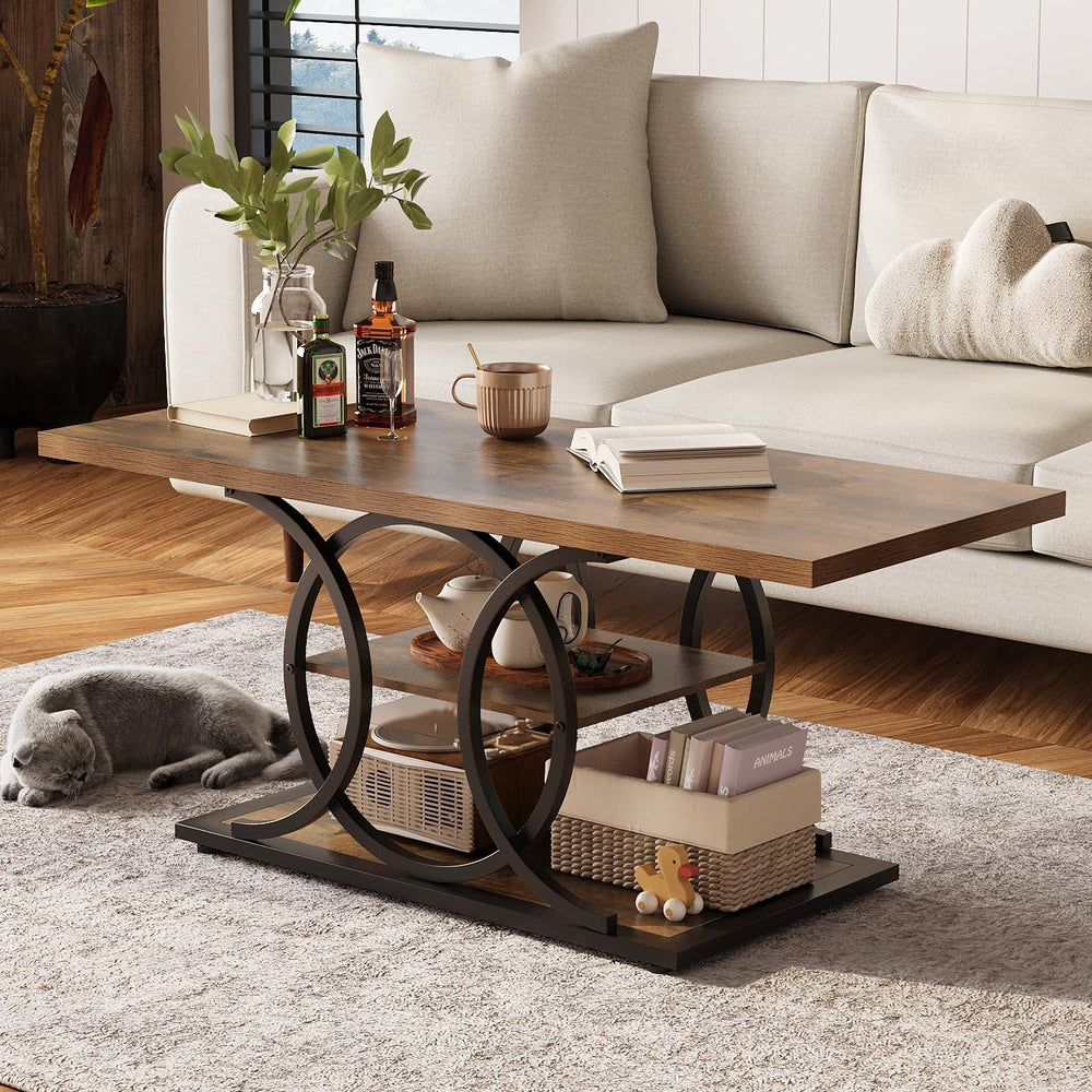 GiftGo Rustic Coffee Table with Storage Industrial 3 Tier Center Living Room ...