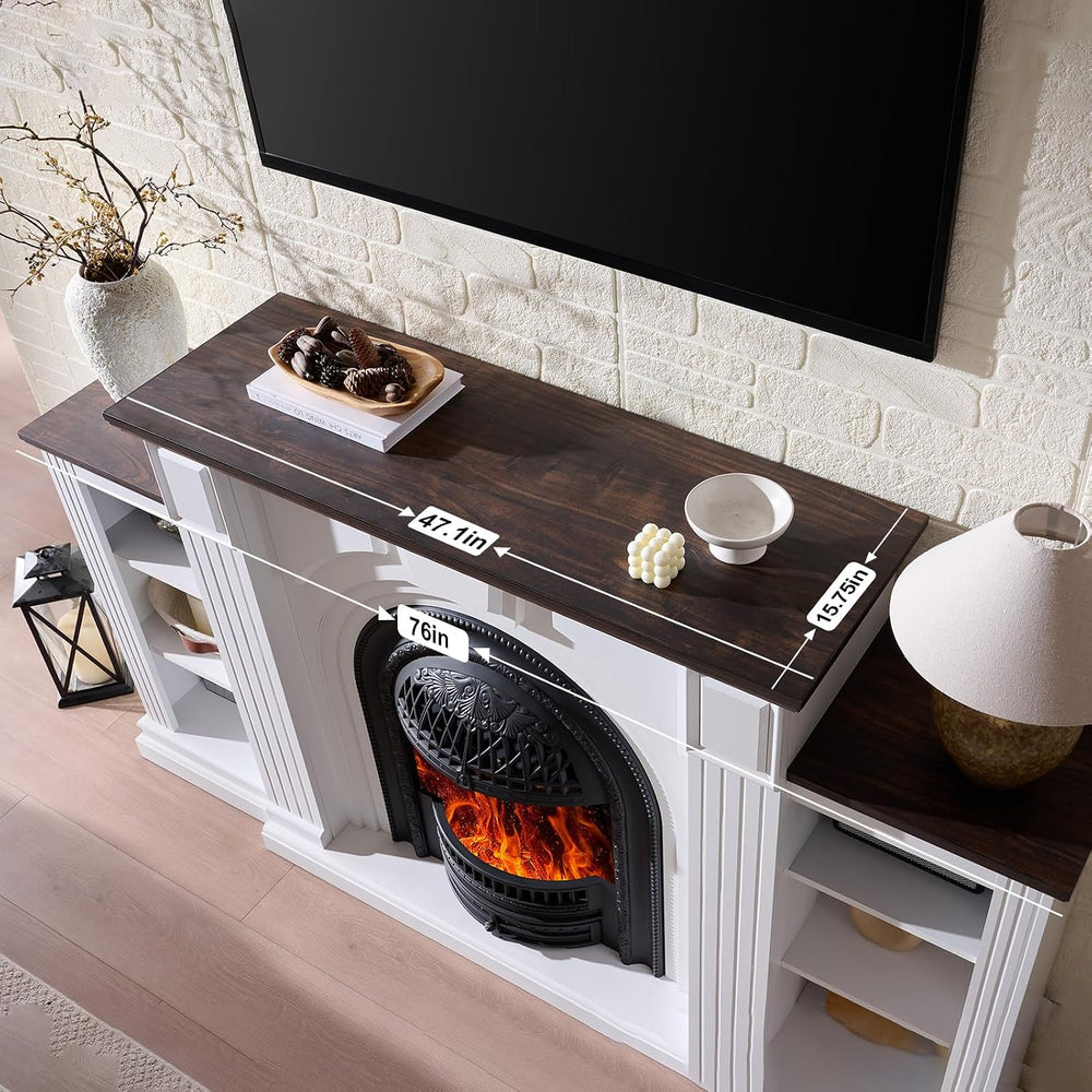Farmhouse Electric Fireplace with Mantel, 76" Fireplace TV Stand Enterta...