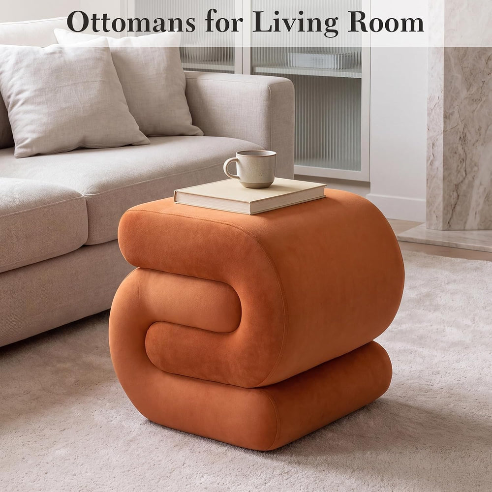 FOXHUNTER S Shape Modern Pouf Ottoman Vanity Stool, Velvet Orange