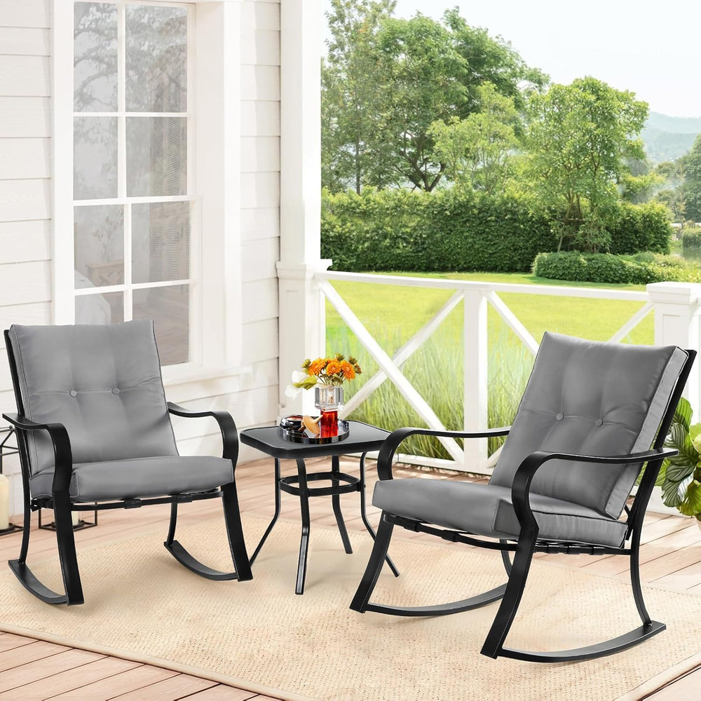 SOLAURA 3-Piece Outdoor Rocking Chairs Bistro Set, Black Iron Patio Furniture...