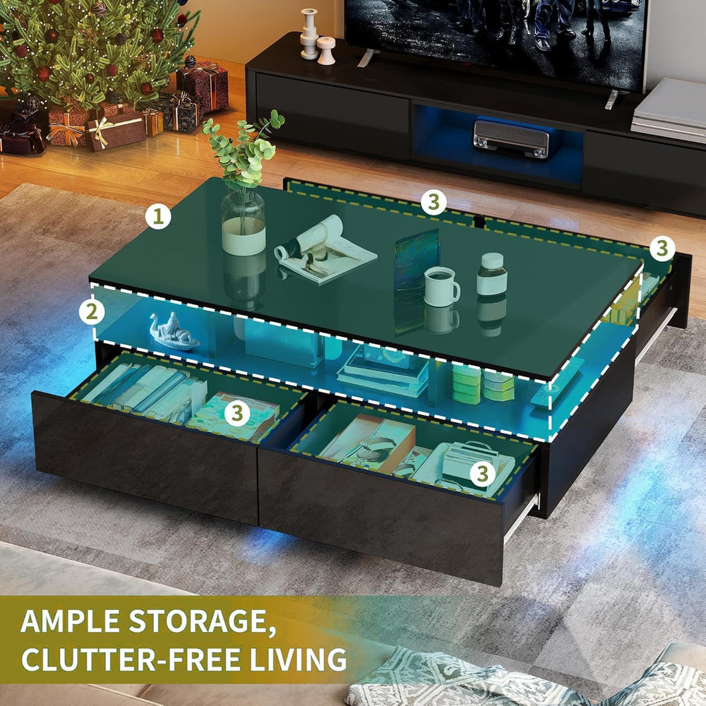 DWVO LED Coffee Table with Storage 4 Drawers, Modern High Glossy Coffee Table...
