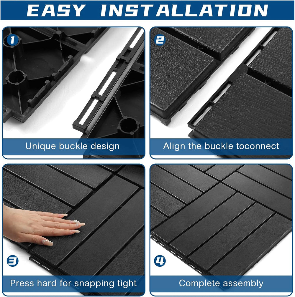 Treela 48 Pcs Plastic Interlocking Patio Deck Tiles 12"x12",Black