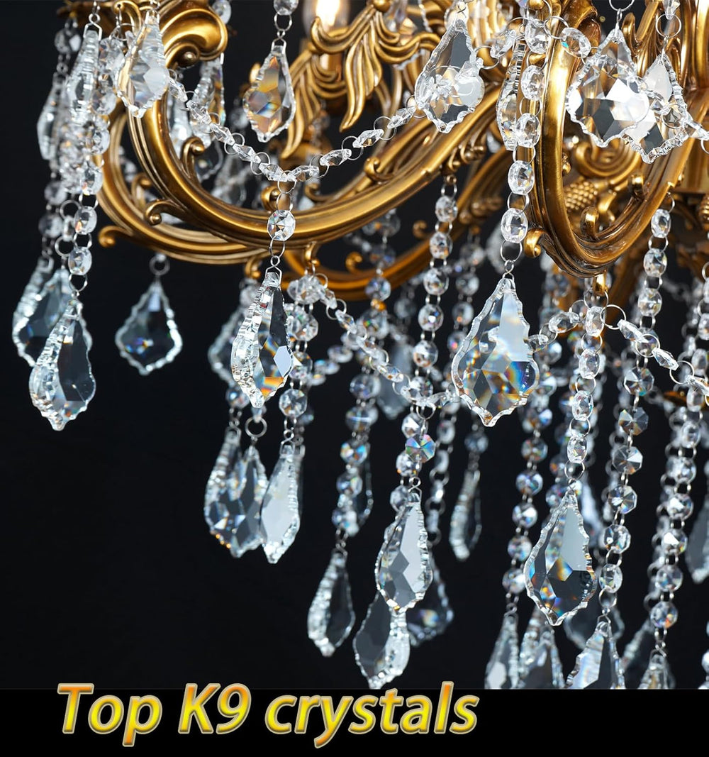 Gold Crystal Chandelier, Antique Gold Candle Chandelier High Ceiling H54"