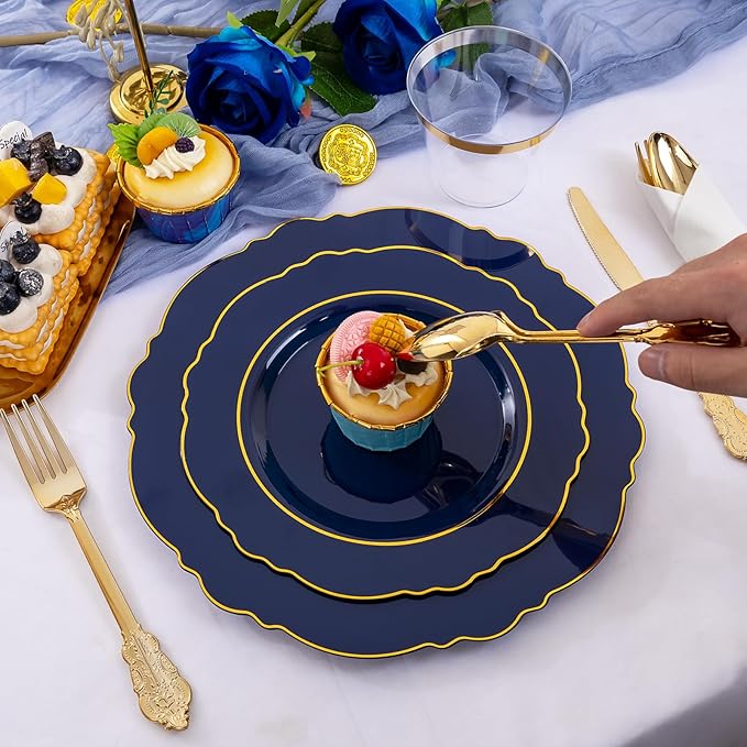 Liacere 350PCS Navy Blue Plastic Plates-Disposable Blue Gold Plates 50guest P...