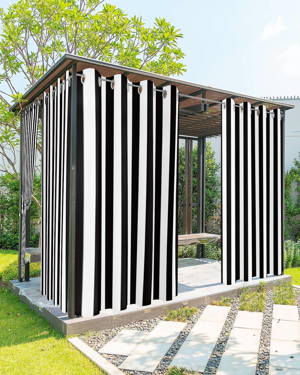 Outdoor Curtains for Patio Waterproof Black and White Stripe Indoor/Outdoor C...
