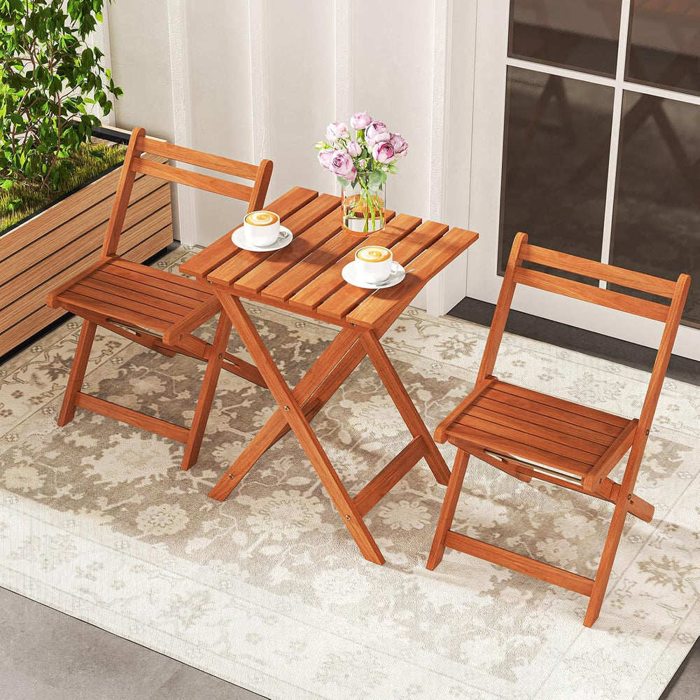 Tangkula 3 Pieces Solid Wood Patio Bistro Set with 2 Folding Chairs, Outdoor ...