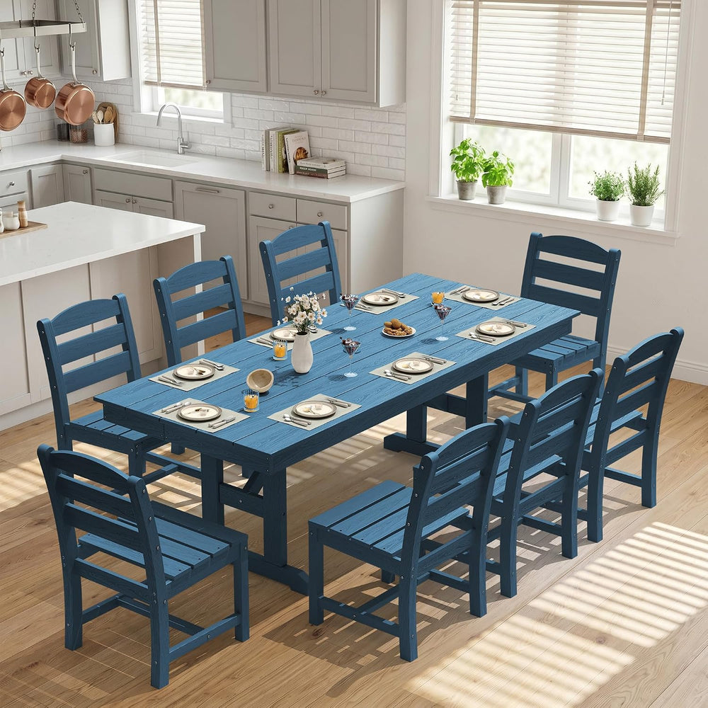 KINGYES Outdoor Dining Set,84'' Table w/Umbrella Hole & Armless C...