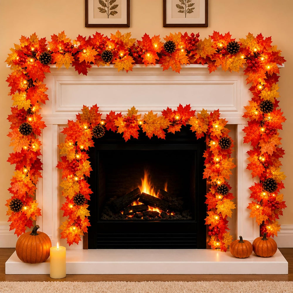 Fall Decorations Lighted Fall Garland with Pinecones and Berries, 9FT 50 Inca...