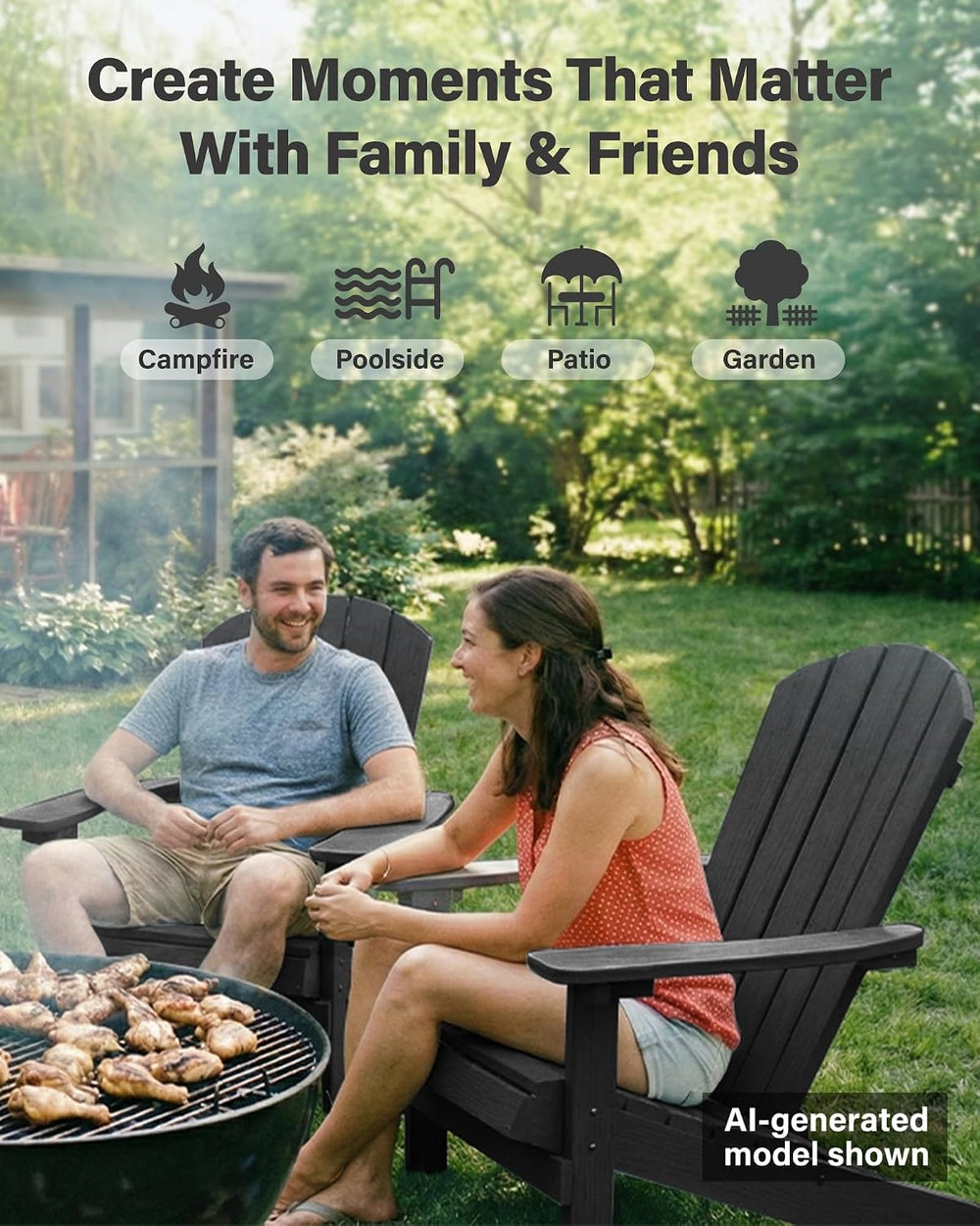 YEFU Adirondack Chairs Set of 2 with Cup Holder, Weather Resistant, Black