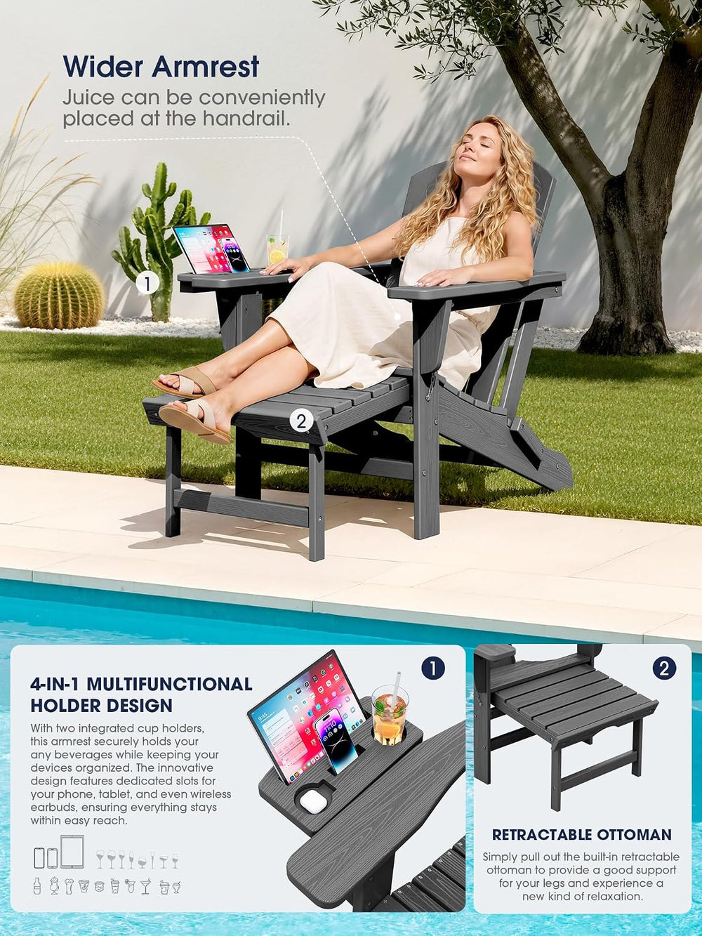 KINGYES Folding Adjustable Adirondack Chair with Ottoman & 2 Cup Holders ...