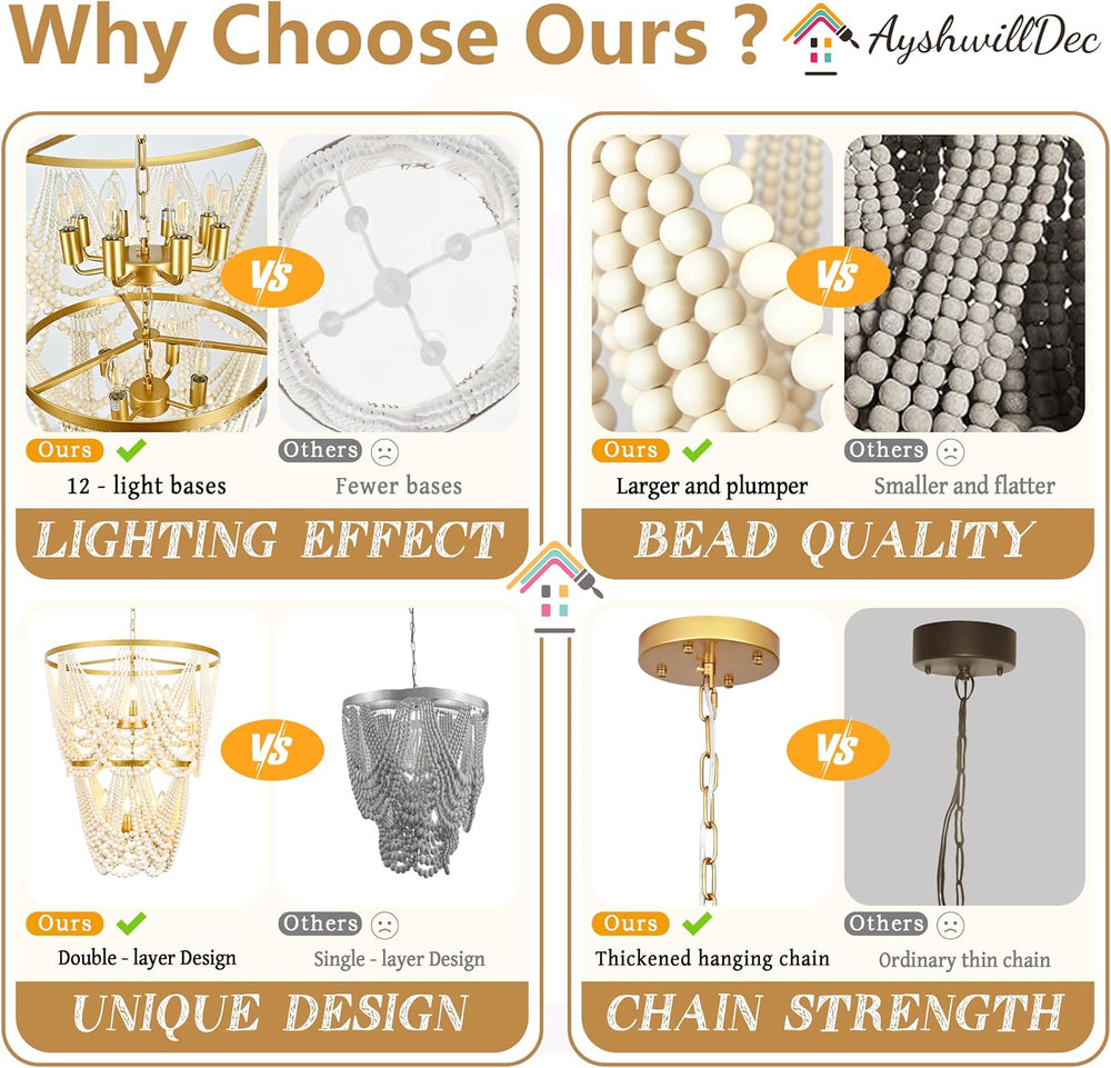 12-Light 25.6" Boho Wood Beaded Chandelier for Living Room, H88 Adjustab...
