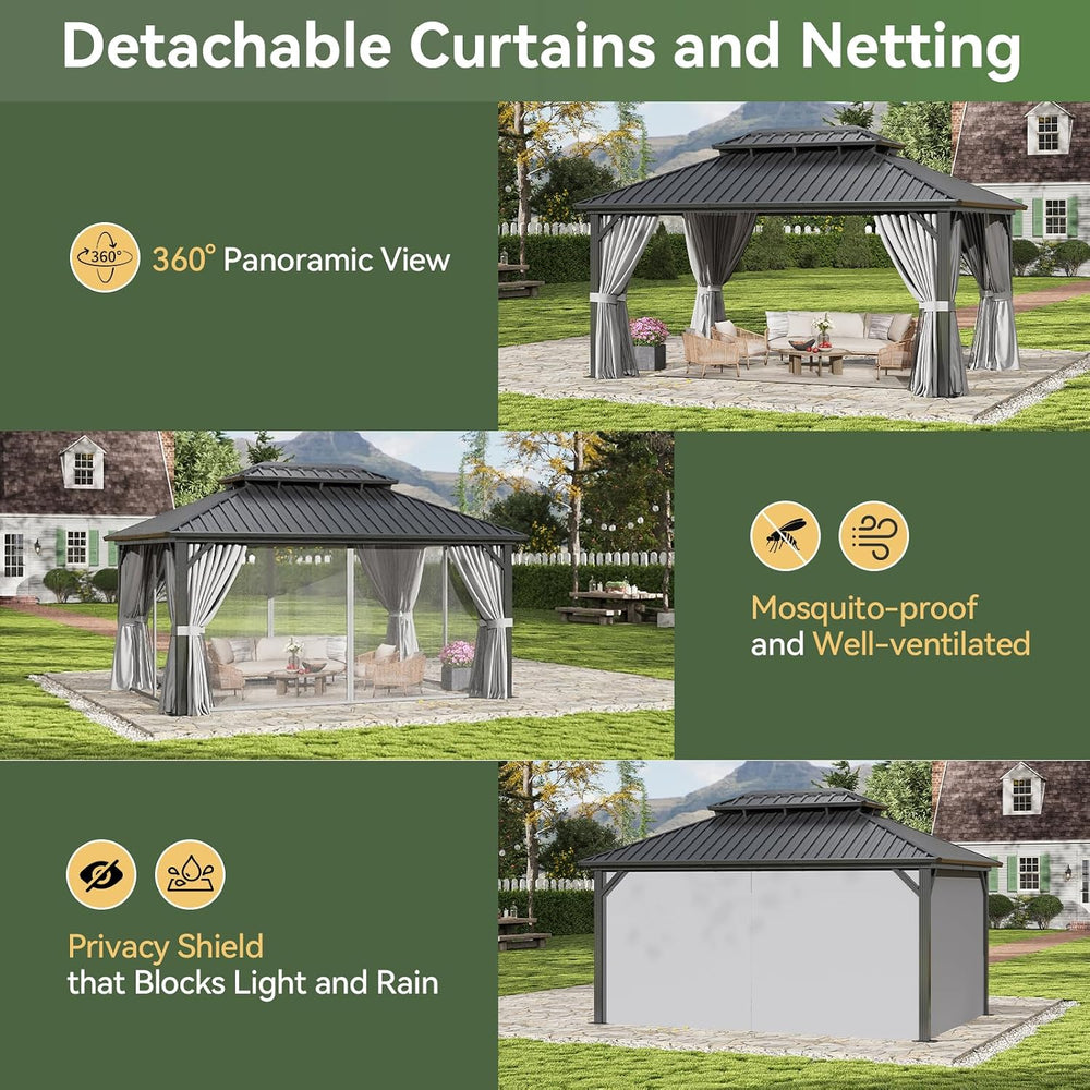 Aoxun 12X16Ft Hardtop Gazebo Metal Gazebo with Galvanized Steel Double Roof