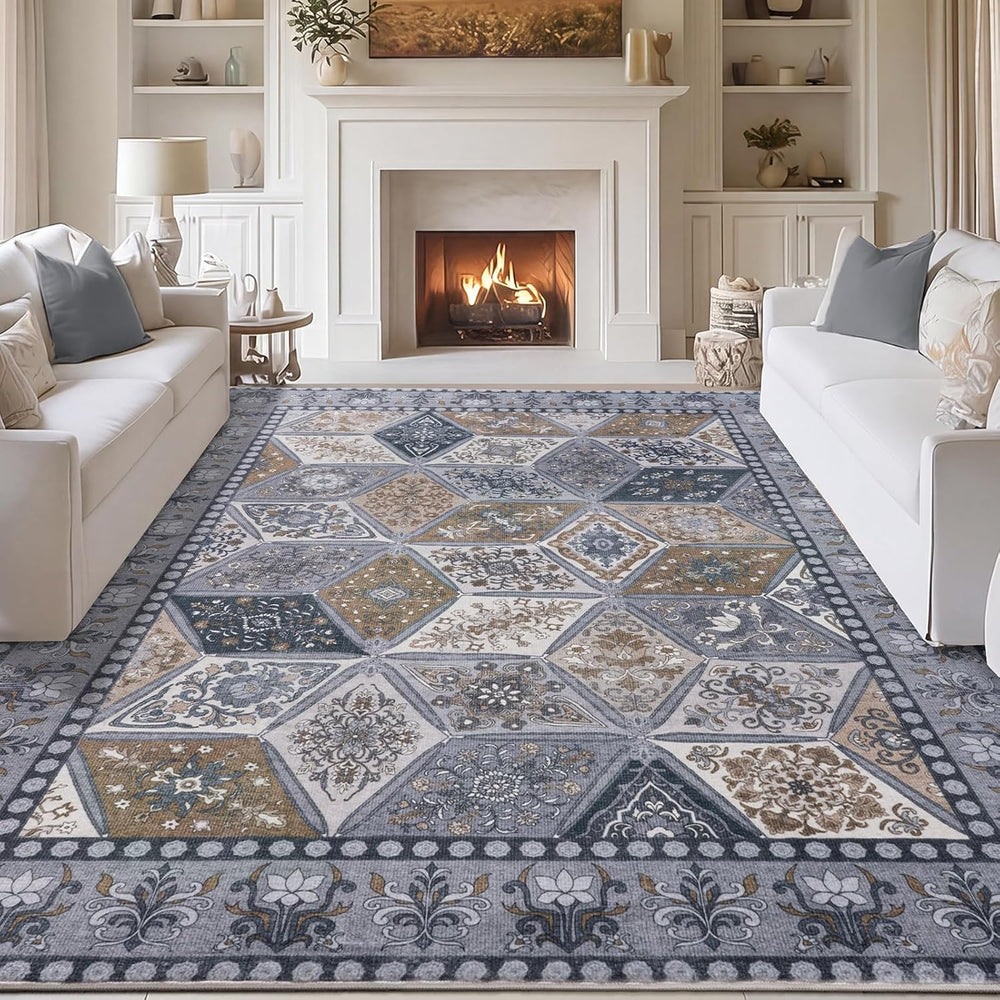 Vintage Washable Living Room Carpet 9x12, Moroccan Patchwork Rug, Dark Grey