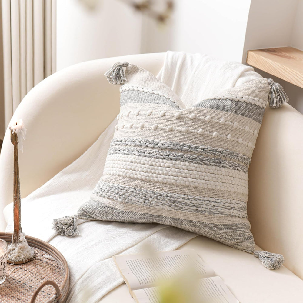 BlissBlush Gray Boho Decorative Throw Pillow Cover 20x20 Square Farmhouse Acc...