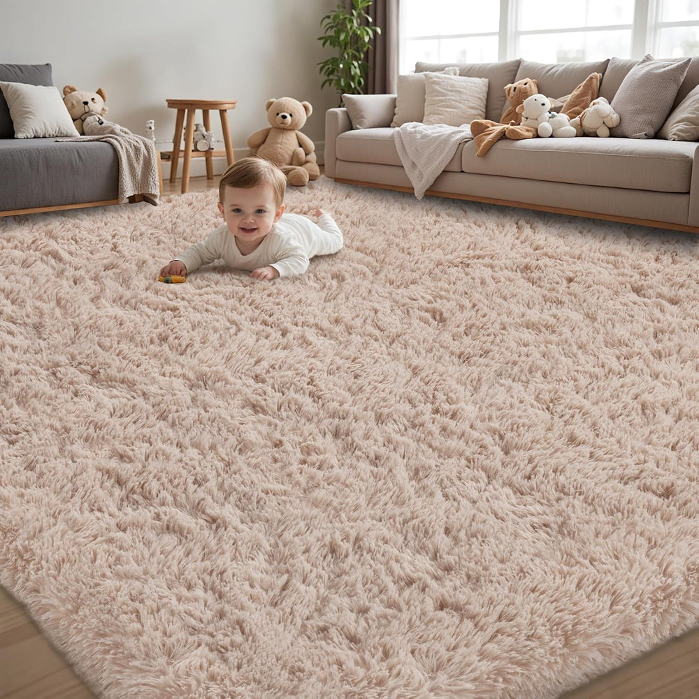8x10 Area Rug for Living Room,Beige Fluffy Shag Non-Slip Bedroom Rugs
