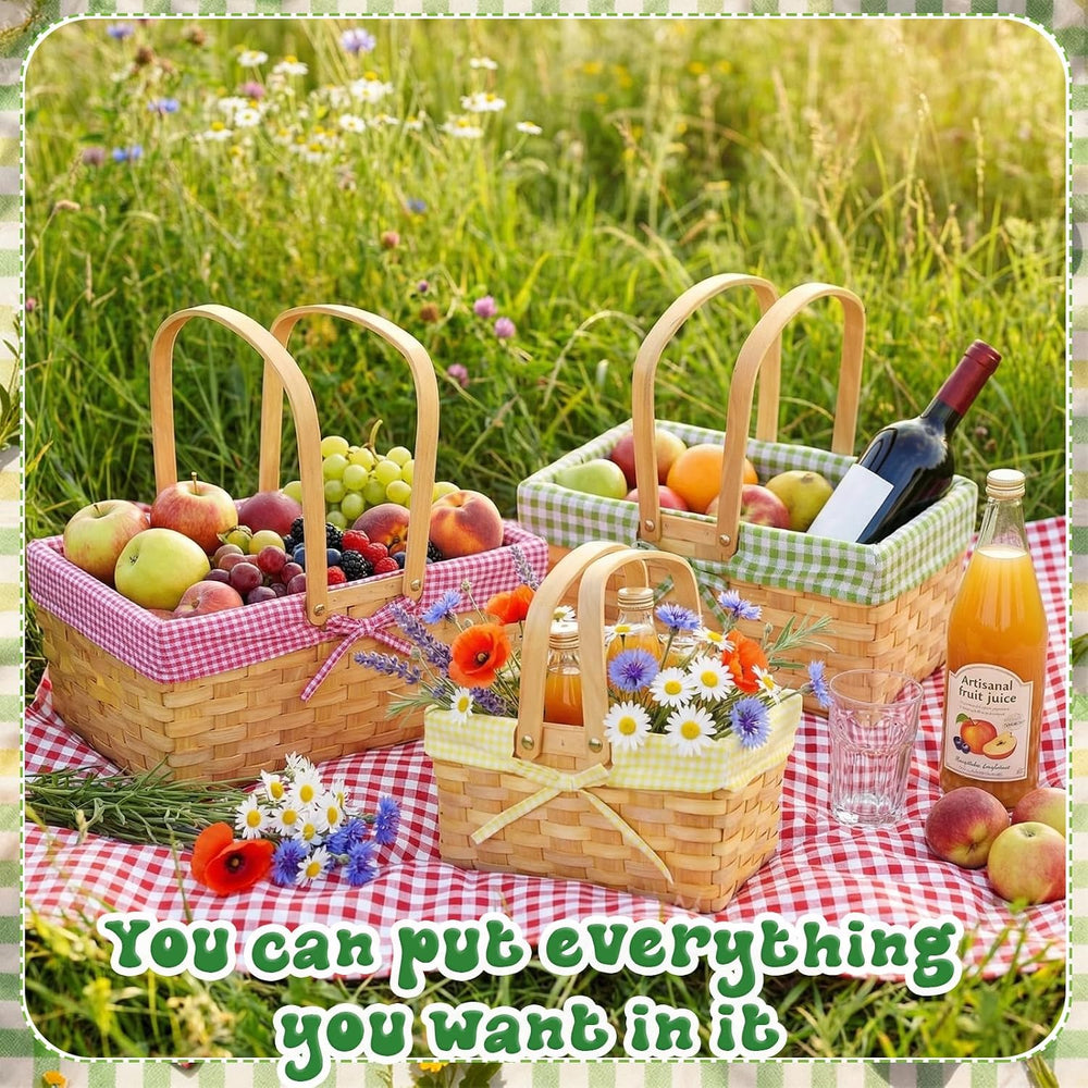 3 Pcs Different Sizes Picnic Basket with Handles Spring Plaid Gingham Checker...