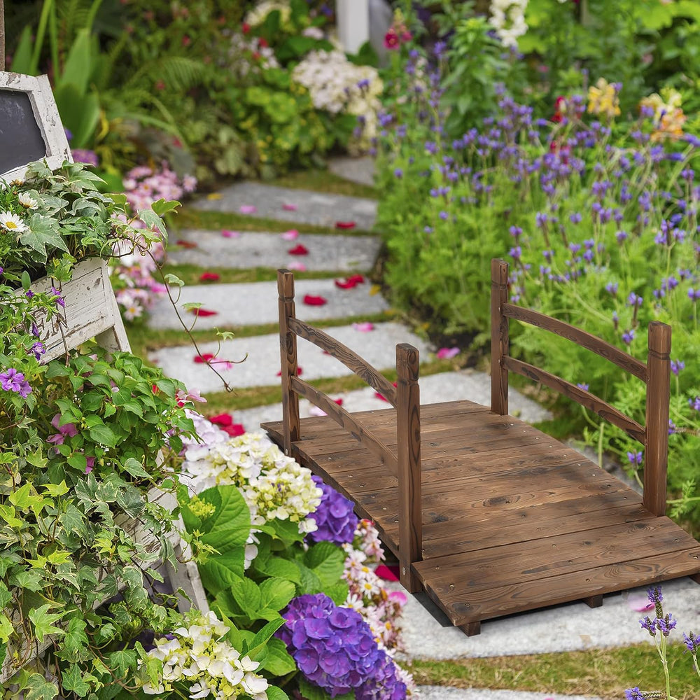 VINGLI 4 ft Garden Bridge, Arch Walkway Wooden Bridge with Safety Rails Carbo...
