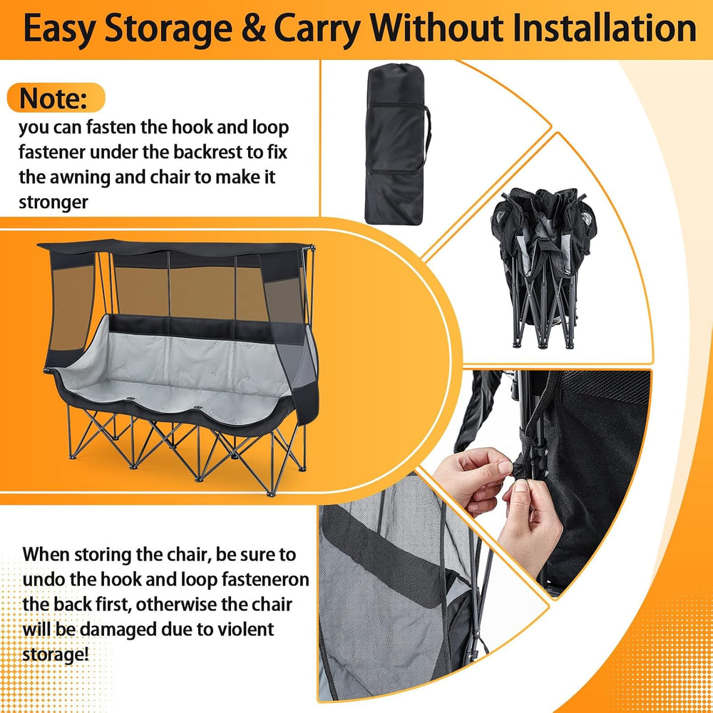 Teenyyou 3 Person Camping Chair with Canopy, 700lbs Heavy Duty, Black