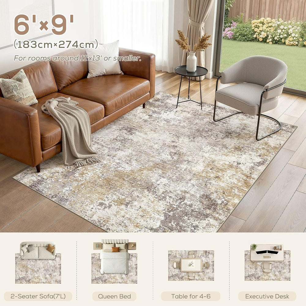 Nakagishi 6X9 Abstract Washable Area Rugs for Living Room-Golden Brown